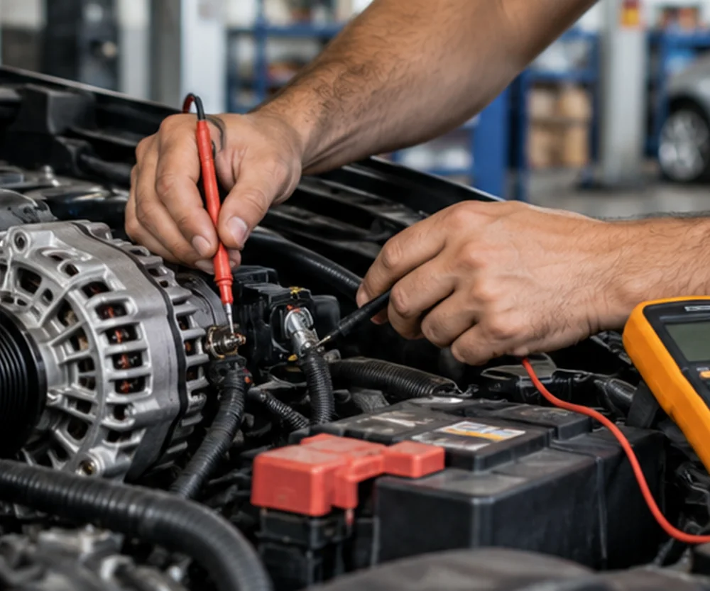 Oto elektrik ustasının araç motor bölümünde alternatör ve elektrik sistemi kontrolü